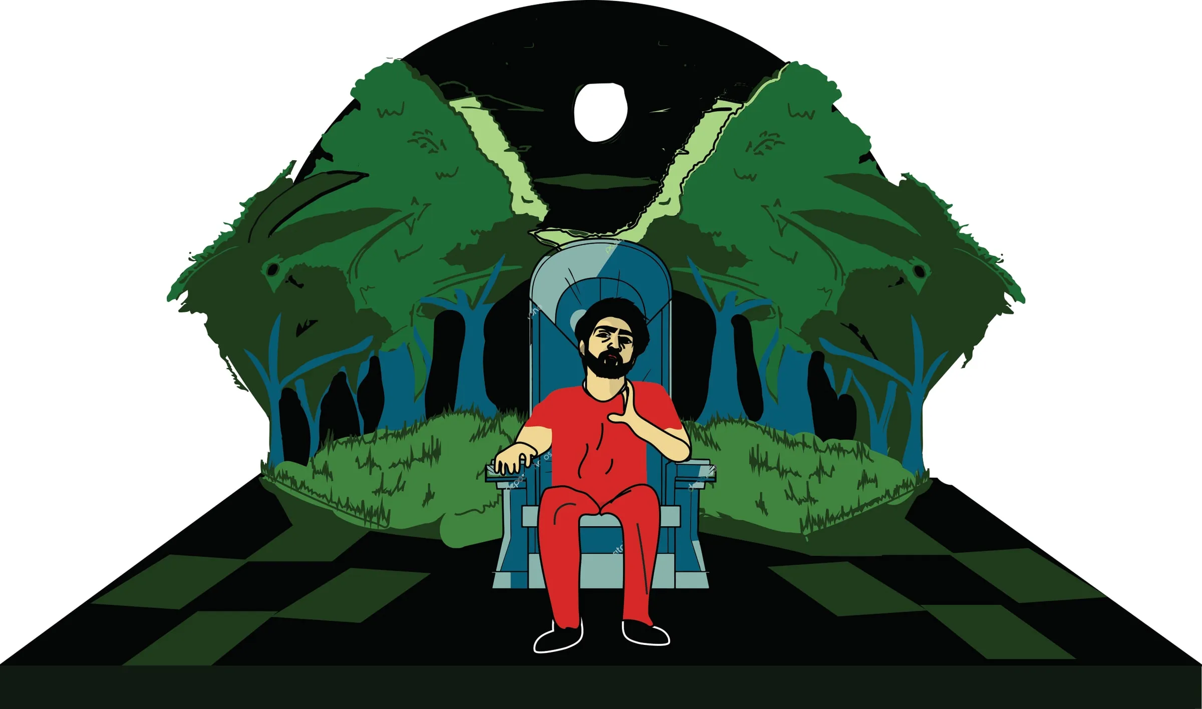 Illustration of a man in a red tracksuit seated on a throne in a dark forest under the moon, on a chequered floor