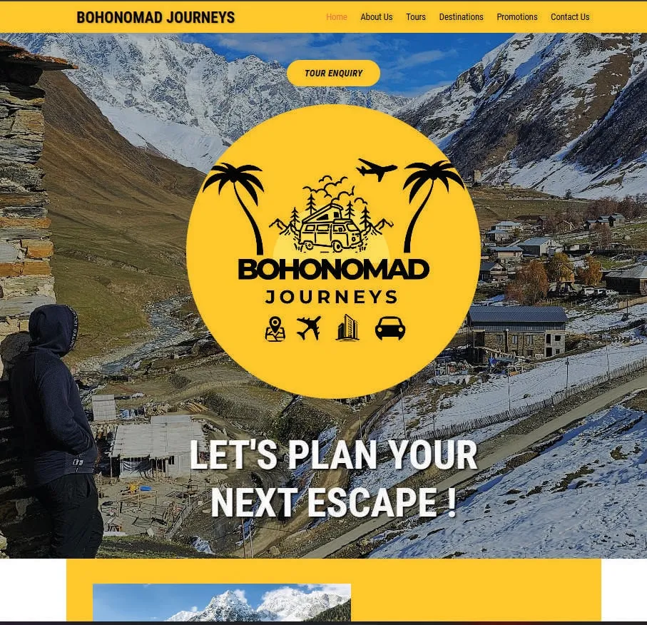 Homepage of the Bohonomad Journeys travel website: a yellow round logo over a snowy mountain village and the line “Let’s plan your next escape!”