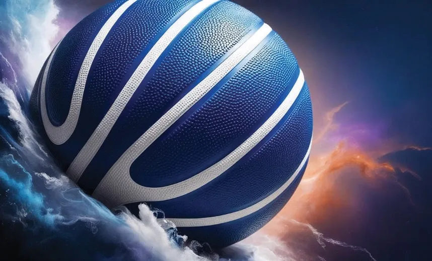 Banner of a blue basketball bursting through storm clouds beside the IBA Kuwait logo
