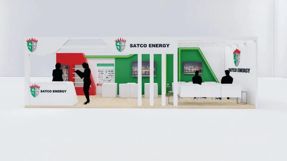 3D render of the SATCO Energy exhibition booth in red, white and green with a reception counter and visitors