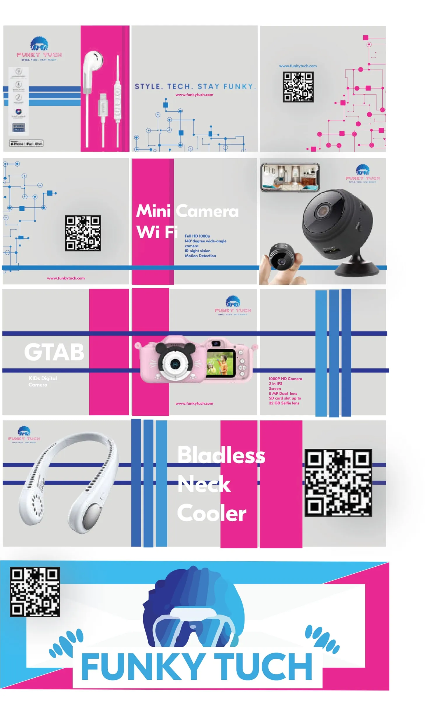 Grid of pink, blue and grey Funky Tuch product posts for earphones, a mini Wi-Fi camera, a kids’ camera and a bladeless neck cooler