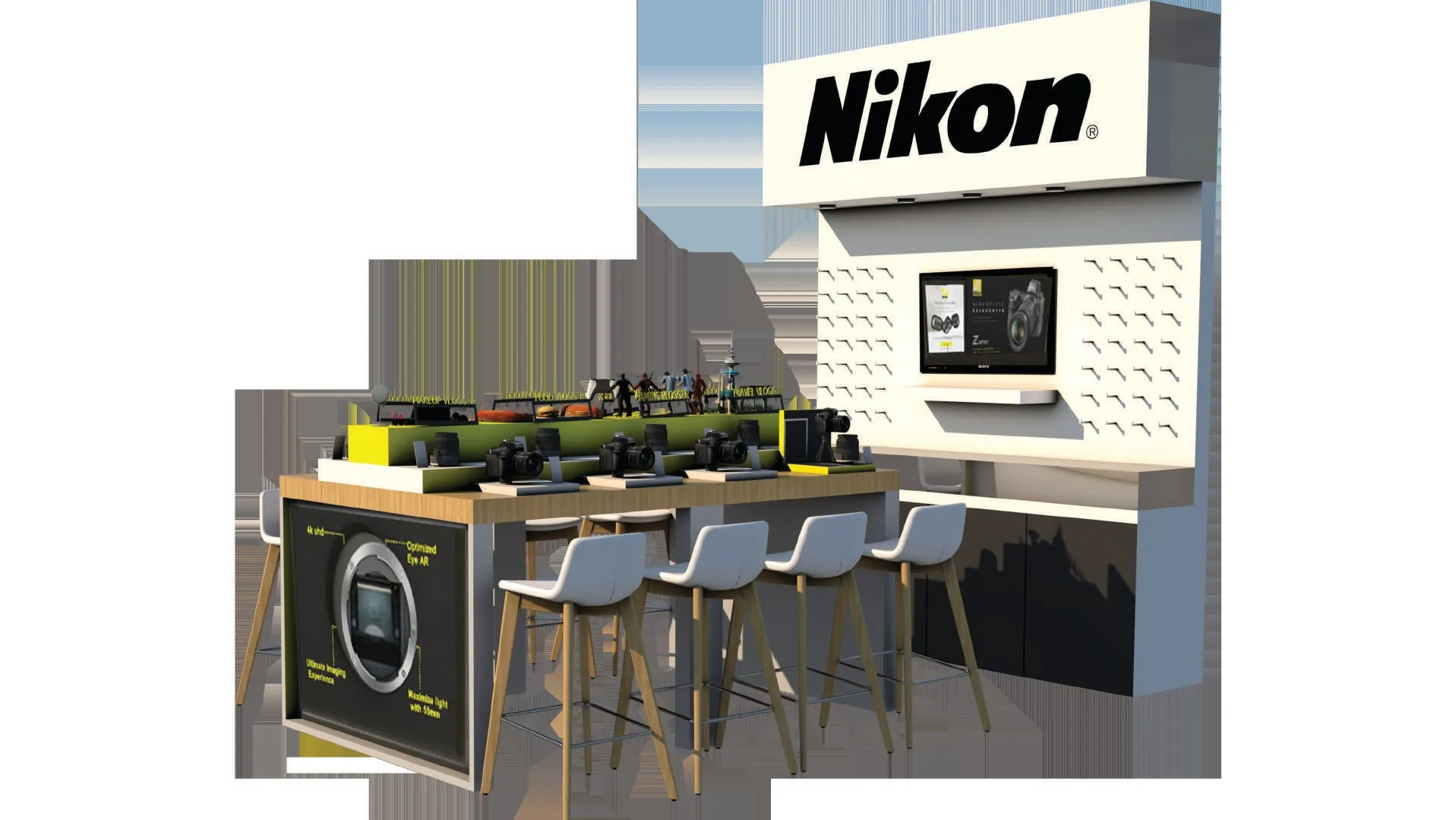 3D render of the Nikon outlet: a white display wall with the Nikon sign and a screen, and a long wooden counter of cameras with four white bar stools