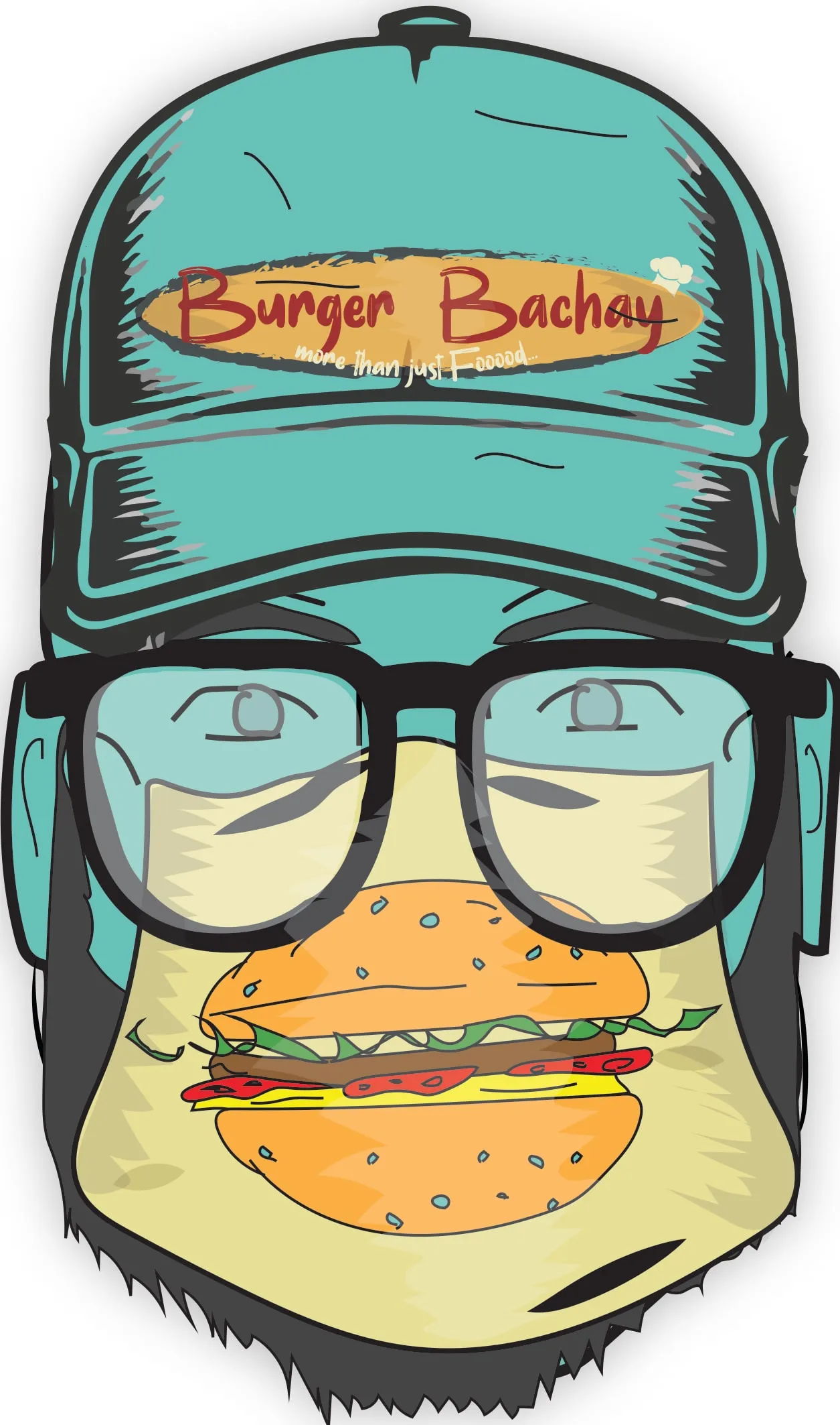 Illustration of a delivery rider in a teal "Burger Bachay" cap and glasses whose face mask is a burger