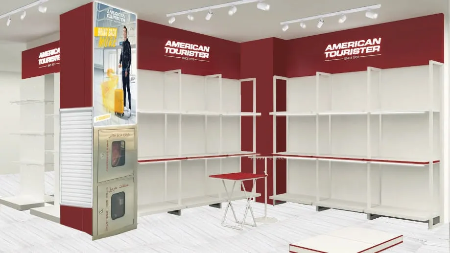 3D render of an American Tourister shop corner with white shelving, dark red wall panels and track lighting
