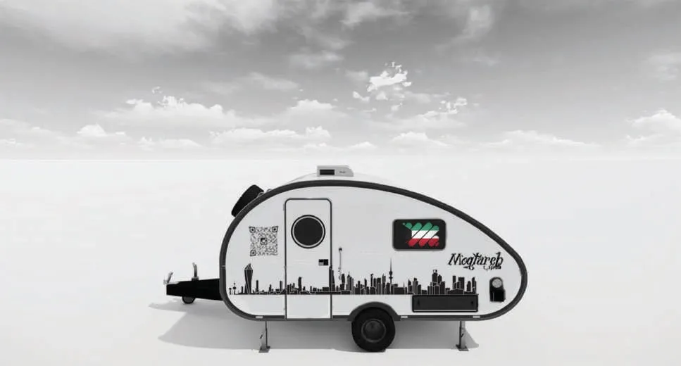 3D render of a white teardrop caravan wrapped with a city skyline sticker and a Kuwait flag