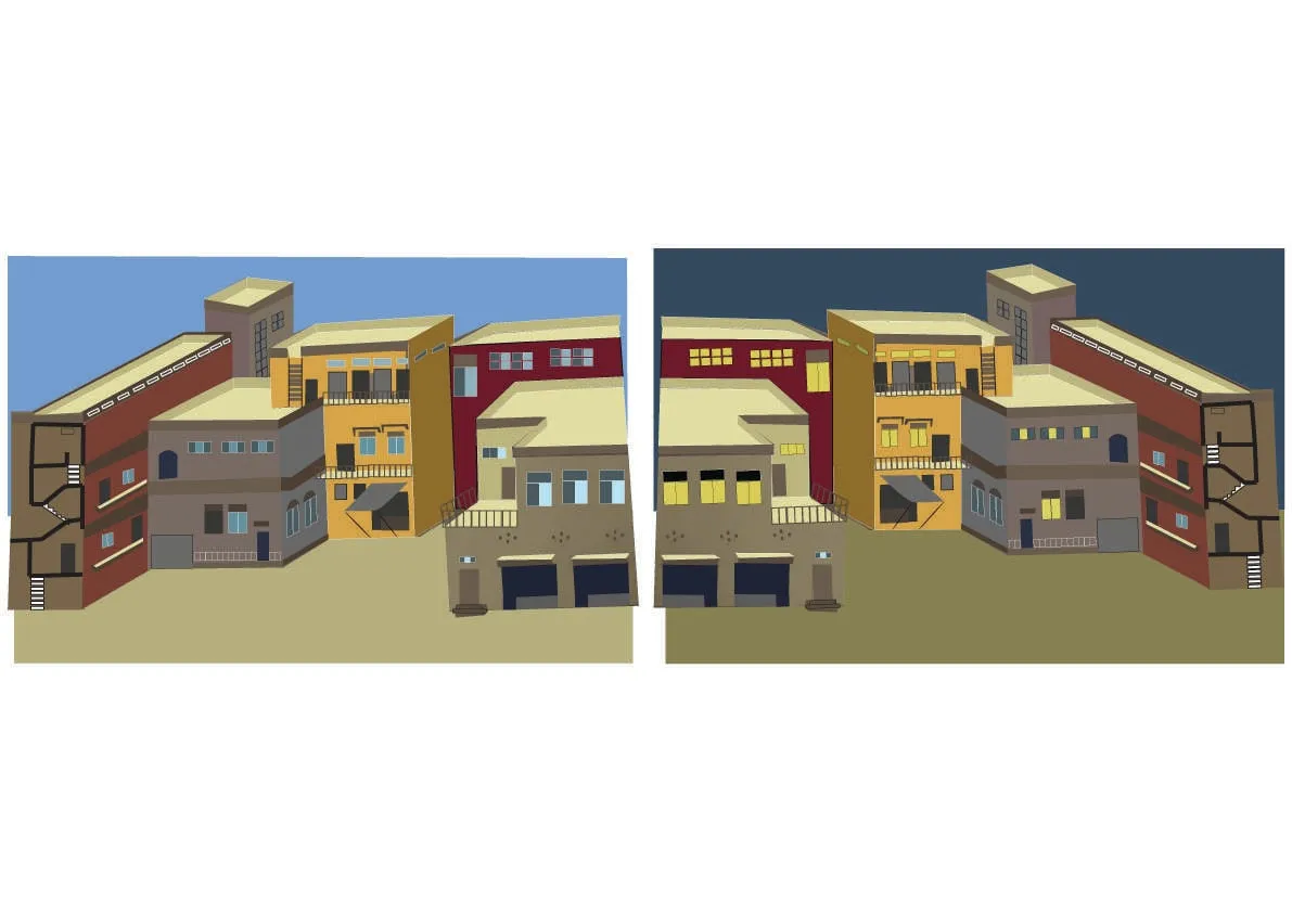 Flat illustration of old Lahore’s stacked brick houses and balconies, shown by day and by night