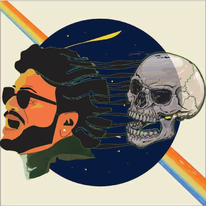 Album cover illustration of a singer in sunglasses whose hair streams back into a skull, over a night sky crossed by a rainbow beam