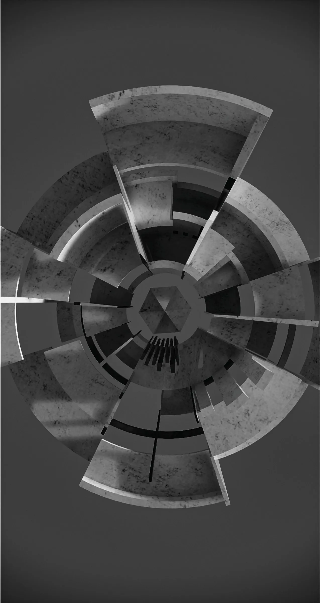Dark metallic 3D emblem of broken concentric rings around a small central pyramid