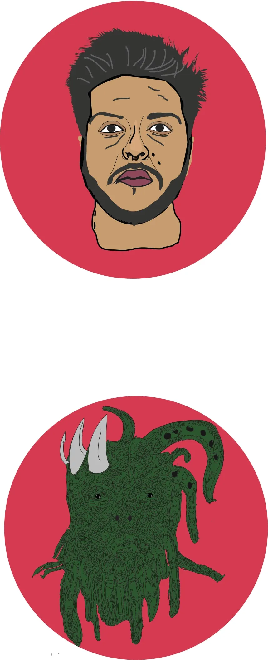 Two character illustrations in red circles: a bearded man’s face and a green horned creature