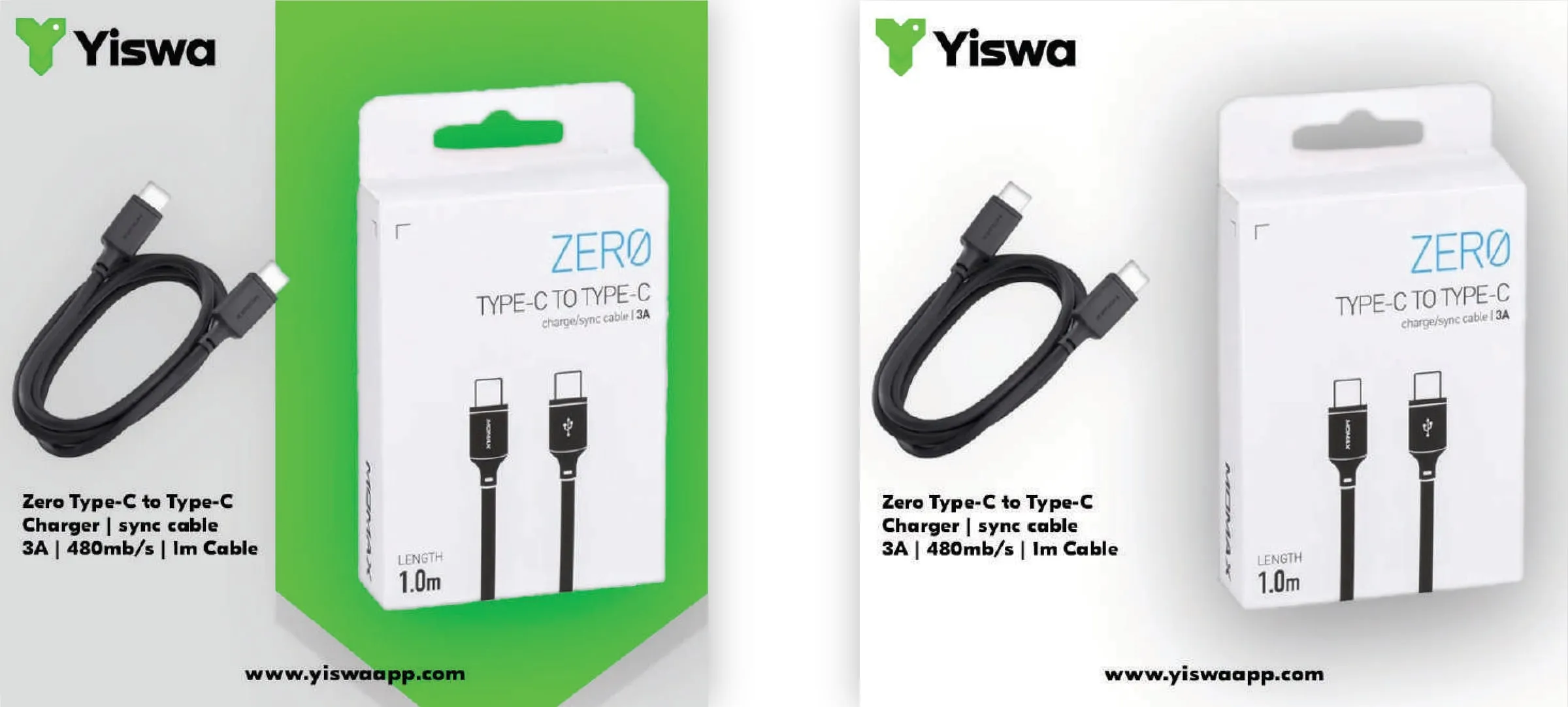 Two Yiswa product posts for a ZERO USB-C cable, one on a green background and one on white
