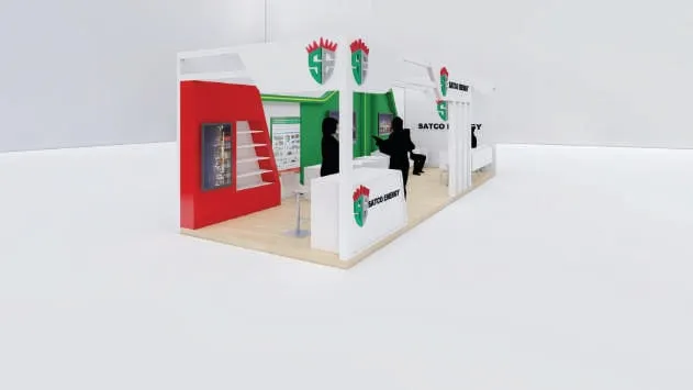 Side view of the SATCO Energy booth with a seating area