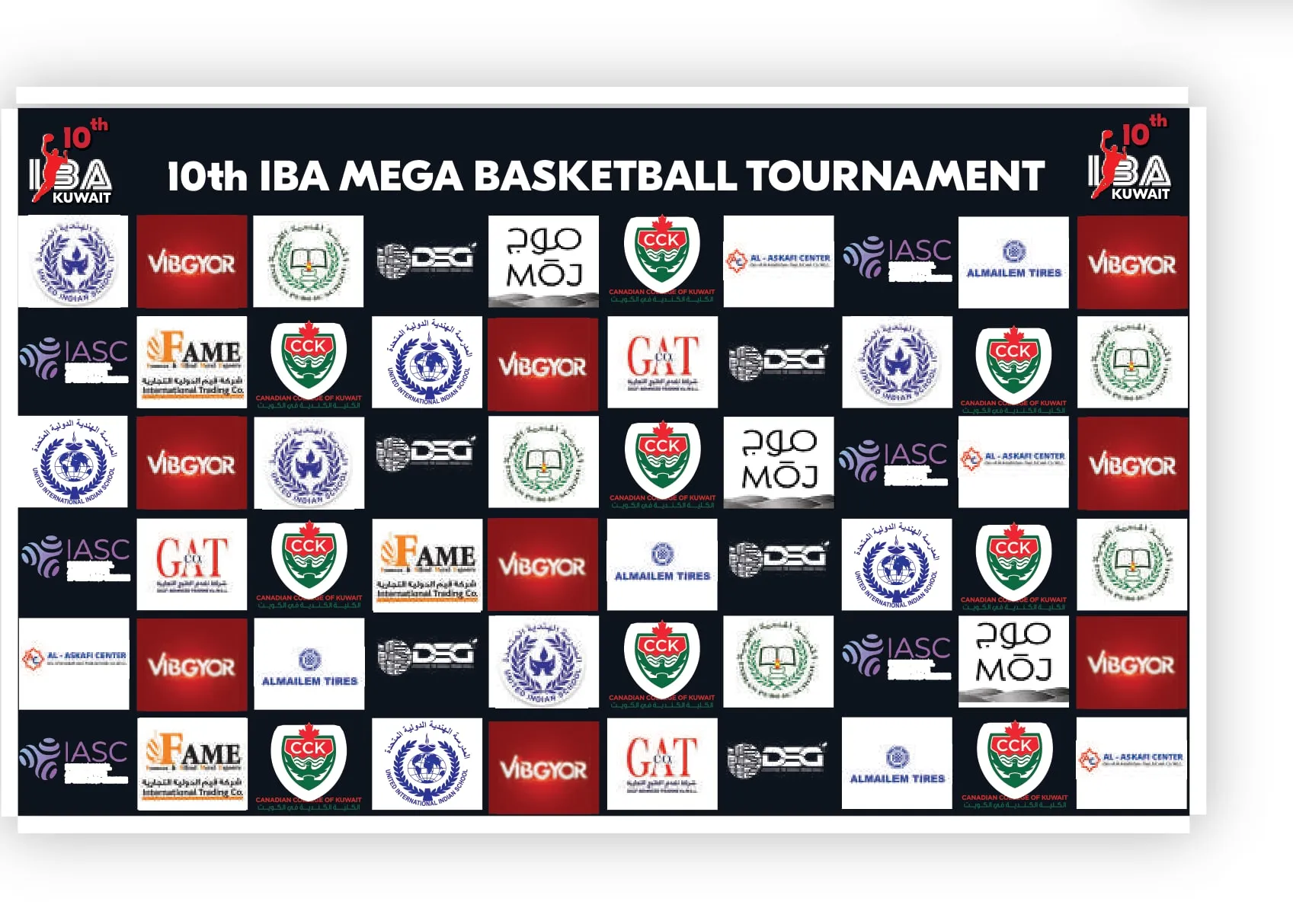 Sponsor backdrop for the 10th IBA Mega Basketball Tournament with rows of sponsor logos